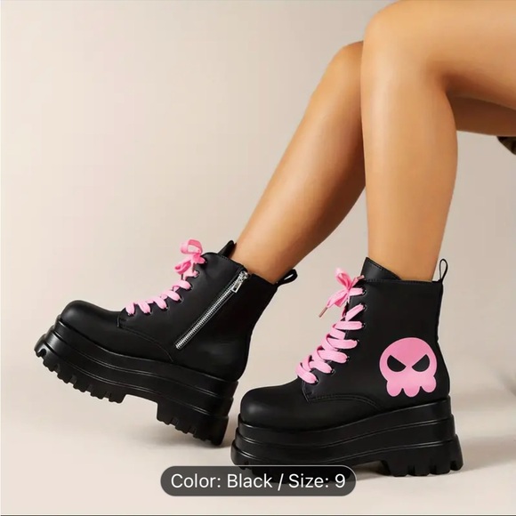 ๐ Platform Ankle Boots - Skull Print - Lace Up - Punk - Square Toe Short Boots - Picture 13 of 17
